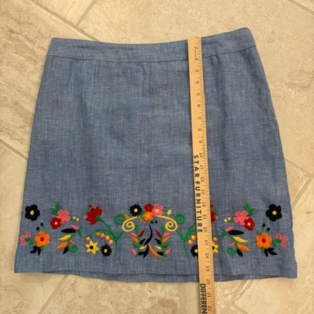 Talbots Chambray Linen/Cotton Embroidered Floral A Line Skirt Size 12 Boho Artsy - Picture 9 of 10